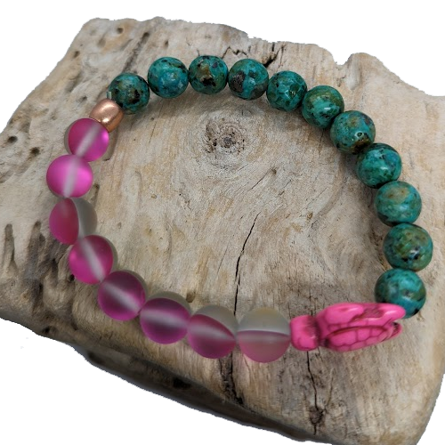 African Turquoise, Pink Mermaid, Pink Howlite Turtle, Copper Spacer (8mm Beaded Bracelet)