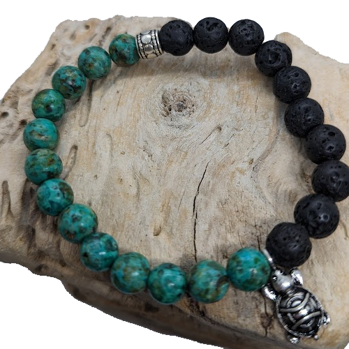 Black Lava, African Turquoise, Silver Turtle Charm, Silver Spacer (8mm Beaded Bracelet)