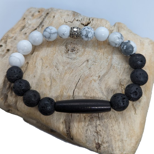 Black Lava, Howlite, 1” Black Bone, Silver Spacer (8mm Beaded Bracelet)