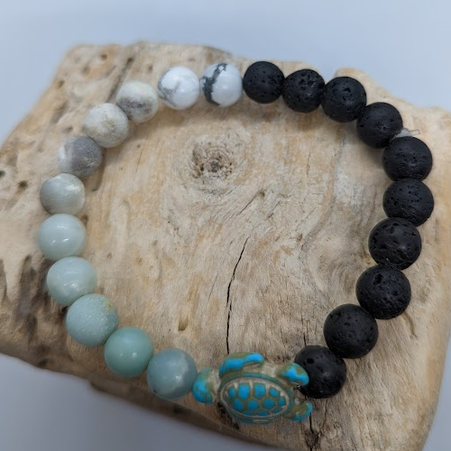 Black Lava, Howlite, Amazonite, Turquoise Howlite Turtle (8mm Beaded Bracelet)