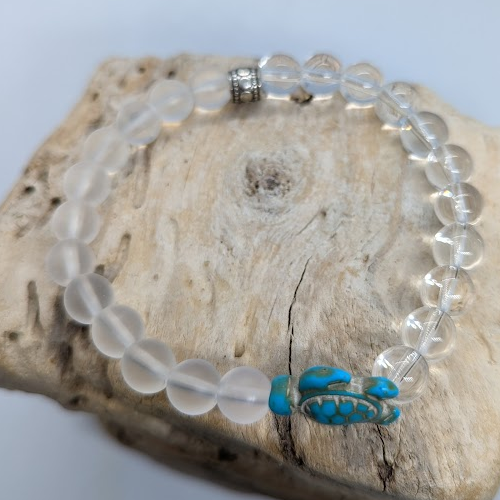 Matte Quartz, Clear Quartz, Turquoise Howlite Turtle, Silver Spacer (8mm Beaded Bracelet)