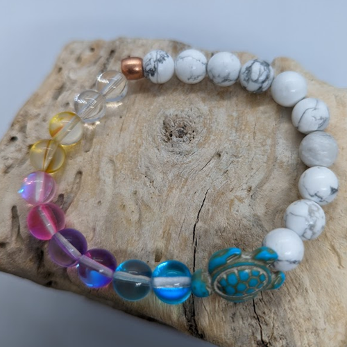 Howlite, Clear & Multi-Coloured Mermaid, Turquoise Howlite Turtle, Copper Spacer (8mm Beaded Bracelet)