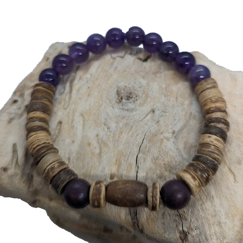 Amethyst, Coconut, Purple Wooden, Wooden Cylinder (8mm Beaded Bracelet)