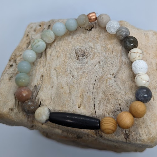 Cedar, Labradorite, Howlite, White Lava, Amazonite, Agate, Copper Spacer, 1” Black Bone (8mm Beaded Bracelet)