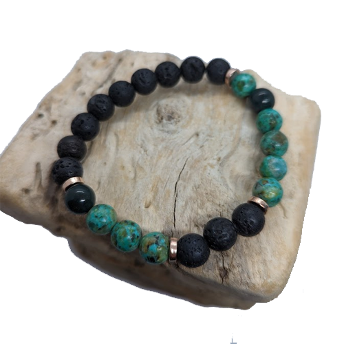 Black Lava, Moss Agate, African Turquoise, Rose Gold Metallic (8mm Beaded Bracelet)