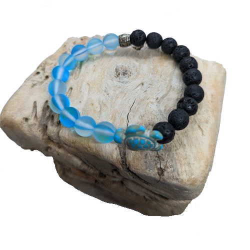 Black Lava, Turquoise Howlite Turtle, Blue Mermaid, Silver Spacer (8mm Beaded Bracelet)