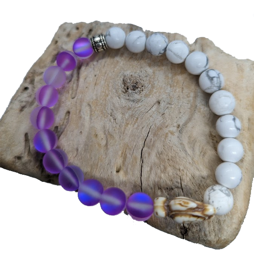 Howlite, Purple Mermaid, Howlite Turtle (8mm Beaded Bracelet)