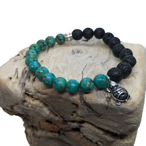 Black Lava, African Turquoise, Silver Turtle Charm, Silver Spacer (8mm Beaded Bracelet)