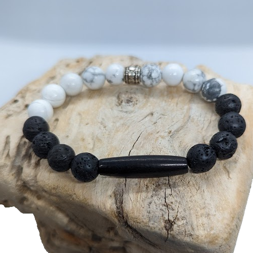 Black Lava, Howlite, 1” Black Bone, Silver Spacer (8mm Beaded Bracelet)