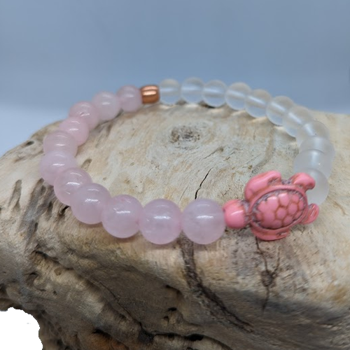 Rose Quartz, Matte Quartz, Pink Howlite Turtle, Copper Spacer (8mm Beaded Bracelet)