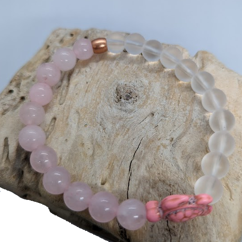 Rose Quartz, Matte Quartz, Pink Howlite Turtle, Copper Spacer (8mm Beaded Bracelet)