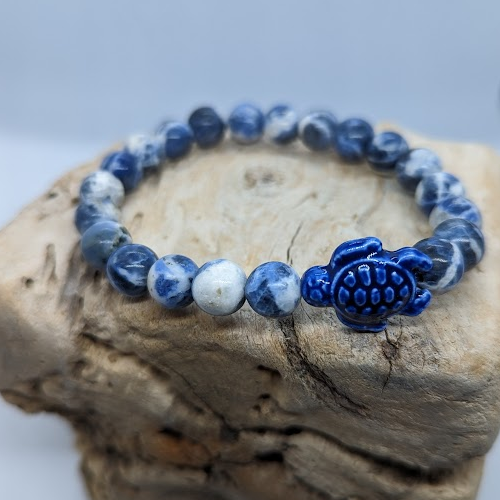 Sodalite Natural, Navy Ceramic Turtle (8mm Beaded Bracelt)