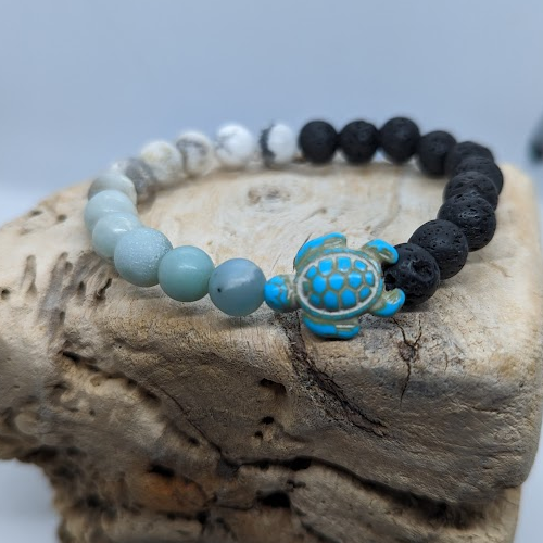 Black Lava, Howlite, Amazonite, Turquoise Howlite Turtle (8mm Beaded Bracelet)