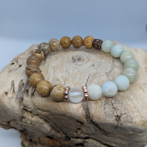 Amazonite, Jasper, White Mermaid, Rose Gold & Bronze Spacers (8mm Beaded Bracelet)