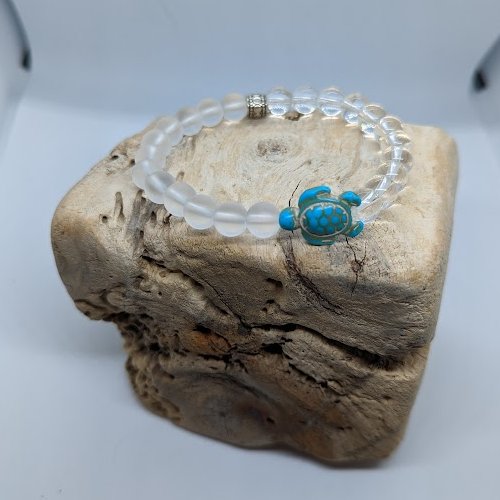 Matte Quartz, Clear Quartz, Turquoise Howlite Turtle, Silver Spacer (8mm Beaded Bracelet)