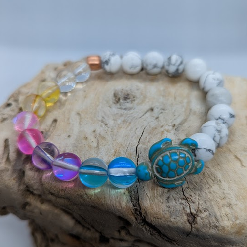 Howlite, Clear & Multi-Coloured Mermaid, Turquoise Howlite Turtle, Copper Spacer (8mm Beaded Bracelet)