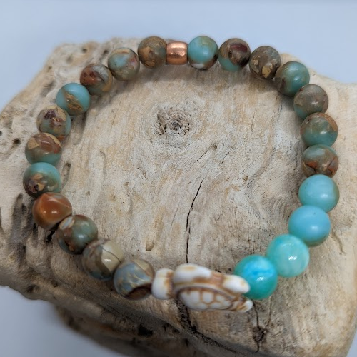 Jasper, Sea Sediment Jasper, Howlite Turtle, Copper Spacer (8mm Beaded Bracelet)