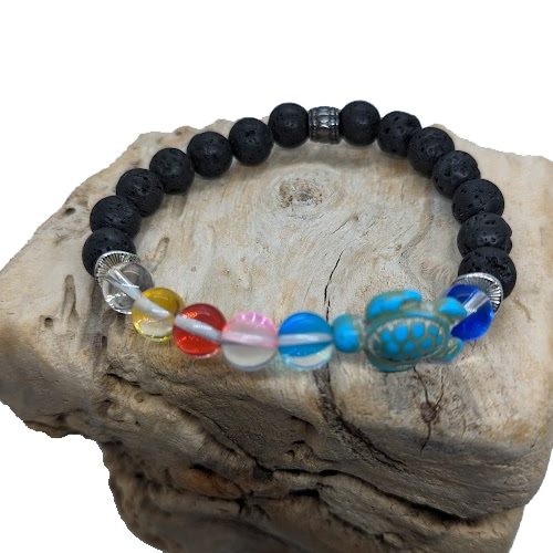 Iridescent, Multi-Coloured Mermaid, Black Lava, Black Spacer, Turquoise Howlite Turtle, Silver Flat Spacer (8mm Beaded Bracelet)
