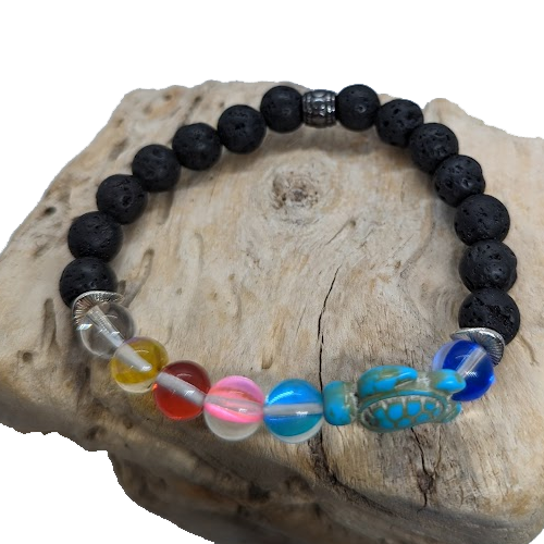 Iridescent, Multi-Coloured Mermaid, Black Lava, Black Spacer, Turquoise Howlite Turtle, Silver Flat Spacer (8mm Beaded Bracelet)
