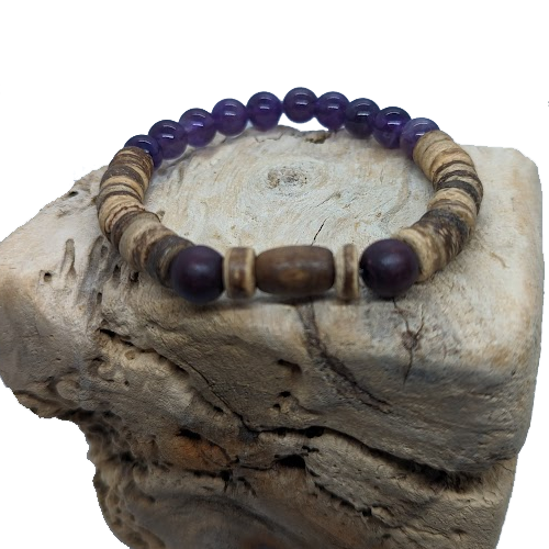 Amethyst, Coconut, Purple Wooden, Wooden Cylinder (8mm Beaded Bracelet)