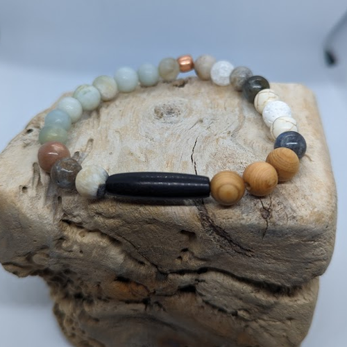 Cedar, Labradorite, Howlite, White Lava, Amazonite, Agate, Copper Spacer, 1” Black Bone (8mm Beaded Bracelet)