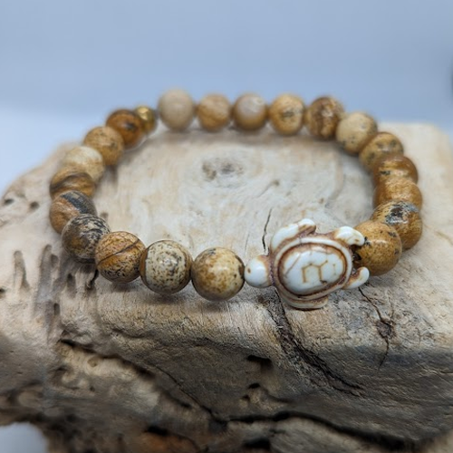 Jasper, Howlite Turtle, Brass Spacer (8mm Beaded Bracelet)
