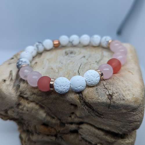 Cherry Quartz, White Lava, Rose Quartz, Howlite, Copper Spacer, Rose Gold Metallic (8mm Beaded Bracelet)