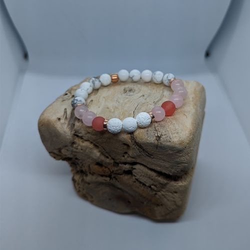Cherry Quartz, White Lava, Rose Quartz, Howlite, Copper Spacer, Rose Gold Metallic (8mm Beaded Bracelet)