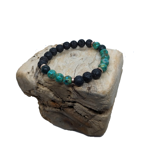 Black Lava, Moss Agate, African Turquoise, Rose Gold Metallic (8mm Beaded Bracelet)