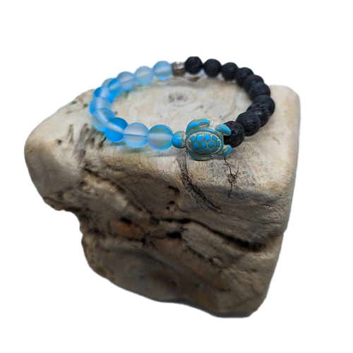 Black Lava, Turquoise Howlite Turtle, Blue Mermaid, Silver Spacer (8mm Beaded Bracelet)