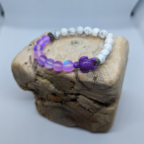 Howlite, Labradorite, Purple Mermaid, Purple Howlite Turtle (8mm Beaded Bracelet)