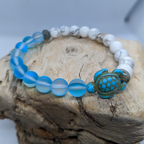 Howlite, Labradorite, Blue Mermaid, Turquoise Howlite Turtle (8mm Beaded Bracelet)